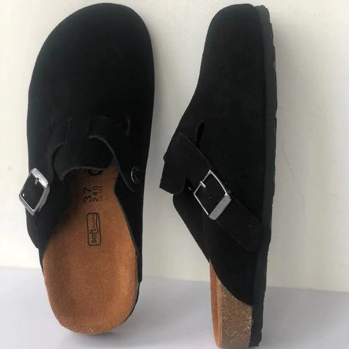 Suède Clogs Dames met Gesloten Neus en Verstelbare Gesp - Bruin / Beige / Zwart - Boston-Sandalen